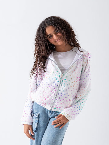 Autumn Rainbow Dotted Waterproof Jacket with Cotton Lining – Playful Shine for Trendy Girls