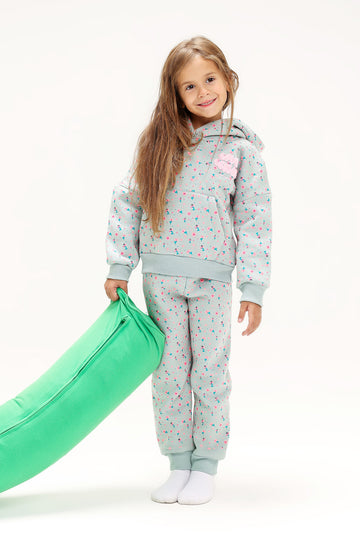Girls’ Polka Dot Melton Cotton Winter Tracksuit – 2-Piece Hoodie & Pants Set (Light Grey with Pink & Blue Dots)