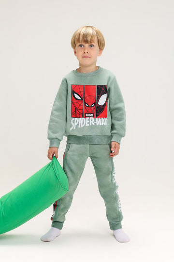 Boys’ Marvel Spider-Man Melton Cotton Tracksuit – 2-Piece Set (Light Olive Green)