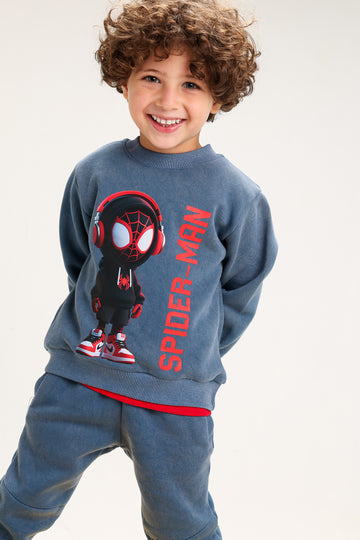 Boys’ Marvel Spider-Man Melton Cotton Tracksuit – 2-Piece Sweatshirt & Pants Set (Blue Grey)