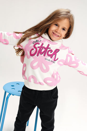 Girls’ Stitch Cotton Winter Tracksuit – 2-Piece Hoodie & Pants Set (White & Pink)
