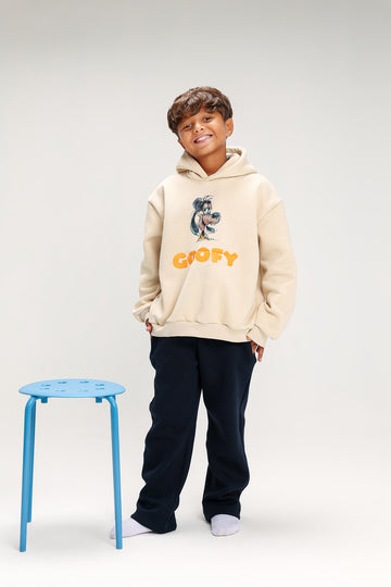 Boys’ Beige & Navy Melton Cotton Winter Tracksuit – Goofy Printed Hoodie & Pants Set