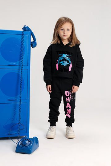 Girls’ Stitch Melton Cotton Winter Tracksuit – 2-Piece Hoodie & Jogger Pants Set (Black with Pink Details)