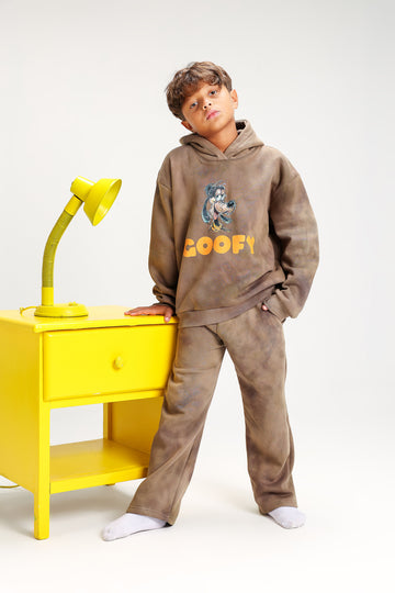 Boys’ Brown Tie-Dye Melton Cotton Winter Tracksuit – Goofy Printed Hoodie & Pants Set