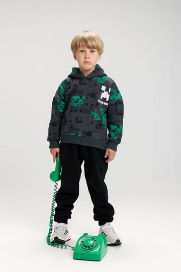 Boys’ Minecraft Melton Cotton Winter Tracksuit – Printed Hoodie & Pants Set (Dark Grey & Green)