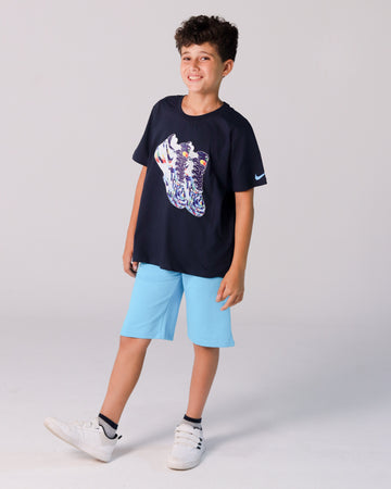 Boys' Black T-Shirt with Colorful Sneaker Print & Cyan Nike Shorts Set