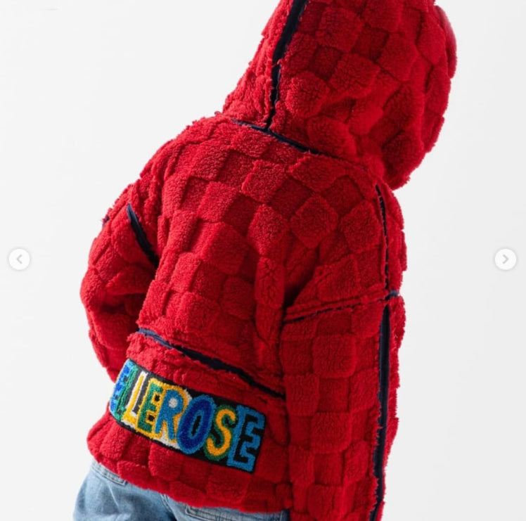 Red Furry Check Jacket with Letter Patch – Cozy & Trendy Winter Style