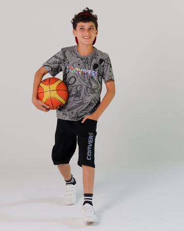 Boys’ Converse Graphic Sports Set – Grey Tee & Black Shorts for Basketball & Play