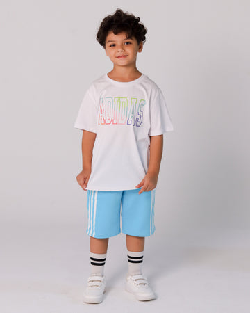 Adidas Boys’ Summer Set – White Rainbow Logo Tee & Aqua Blue Shorts