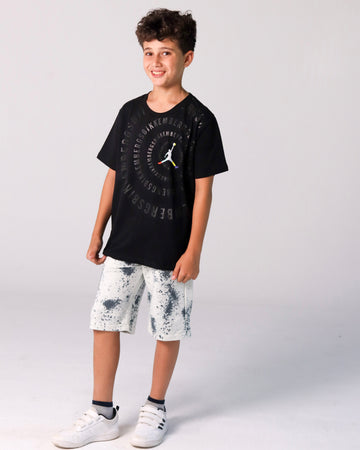 Jordan-Inspired Boys’ Summer Set – Black Tee & White Paint-Splash Shorts