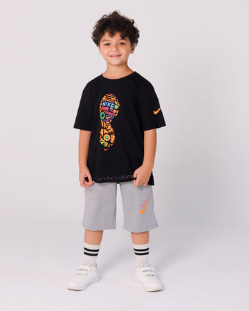 Boys' Black Nike T-Shirt with Footprint Print & Light Grey Shorts Set