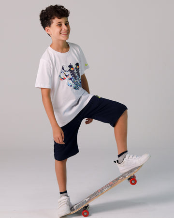 Boys' White T-Shirt with Blue Sneaker Print & Navy Shorts Set