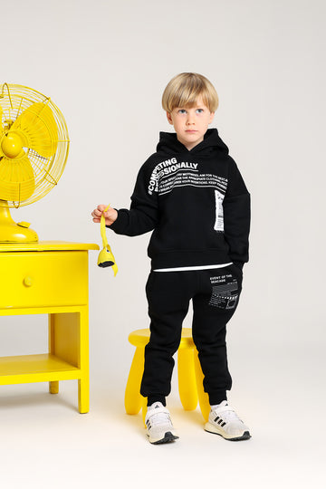Boys’ Black Printed Melton Cotton Winter Tracksuit – 2-Piece Hoodie & Pants Set