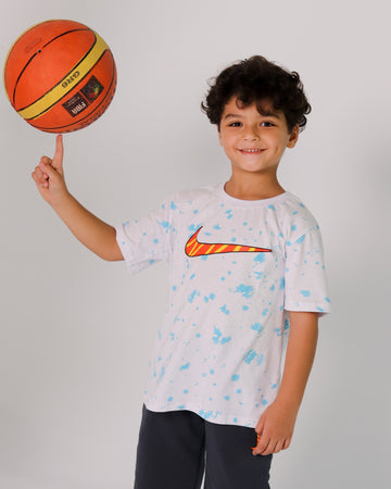 Boys' Nike Skate Set – White Splash Tee with Orange Swoosh & Dark Shorts