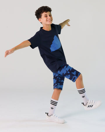 Adidas Boys’ Sport Set – Black Tee with Blue Logo & Camo Shorts