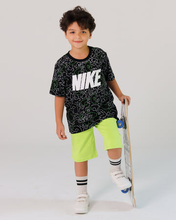 Nike Boys' Neon Green Active Set – Printed Black Tee & Shorts