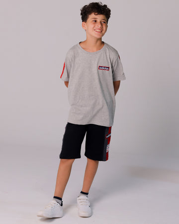 Adidas-Inspired Boys’ Summer Set – grey Tee with red Stripes & black Shorts