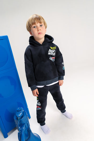 Boys’ Hot Wheels Melton Cotton Tracksuit – 2-Piece Hoodie & Pants Set (Black)