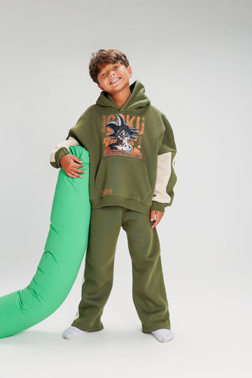 Boys’ Olive Green Melton Cotton Winter Tracksuit – Goku Printed Hoodie & Pants Set