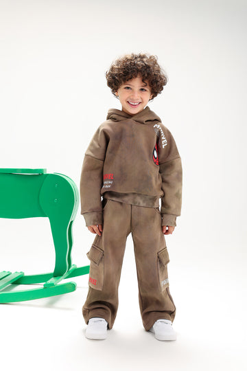 Boys’ Marvel Spider-Man Melton Cotton Tracksuit – 2-Piece Hoodie & Cargo Pants Set (Brown)