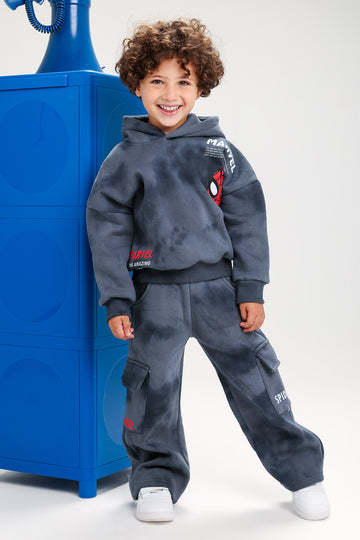 Boys’ Marvel Spider-Man Melton Cotton Tracksuit – 2-Piece Hoodie & Cargo Pants Set (Dark Grey)