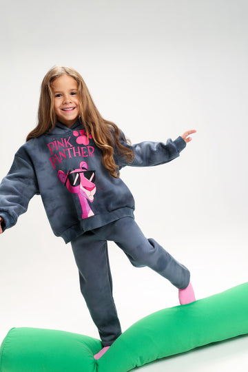 Girls’ Pink Panther Melton Cotton Winter Tracksuit – 2-Piece Hoodie & Pants Set (Dark Grey)
