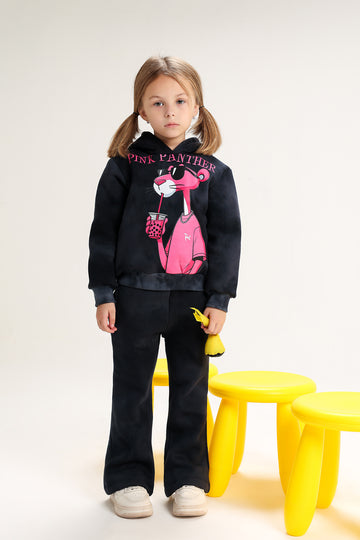 Girls’ Pink Panther Melton Cotton Winter Tracksuit – 2-Piece Hoodie & Pants Set (Black)
