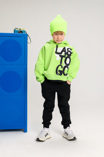 Boys’ Neon Green & Black Melton Cotton Winter Tracksuit – “Last To Go” Printed Hoodie & Pants Set
