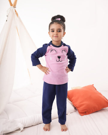 Girls Fleece Pajama Set – Pink & Navy Cute Face Print Sleepwear