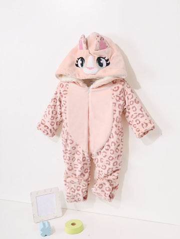 Pink Leopard Baby Winter Romper – Cozy Fleece Hooded Suit with Cute Ears