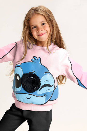 Girls’ Stitch Melton Cotton suit – Pink & Blue Cartoon Design with Furry Detail