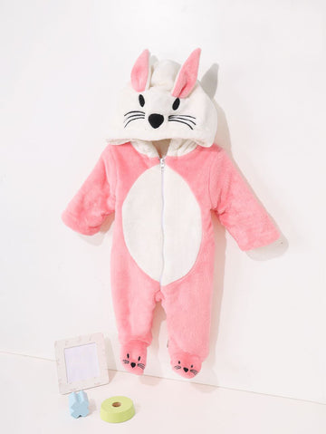 Pink Bunny Baby Winter Romper – Cozy Fleece Hooded Suit