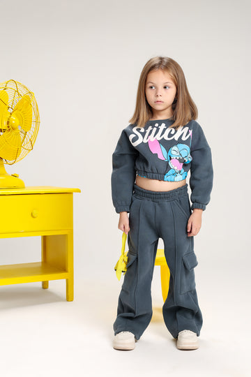 Girls’ Stitch Melton Cotton Winter Tracksuit – 2-Piece Crop Sweatshirt & Cargo Pants Set (Dark Grey)