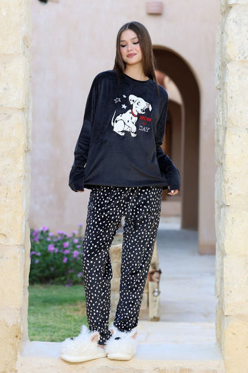 Women’s Black Velvet Winter Pajama Set – “Dream All Day” Printed Top & Polka Dot Pants