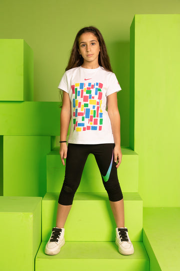 Girls’ Nike Color Block Set – White Graphic Tee & Black Rainbow Swoosh Leggings