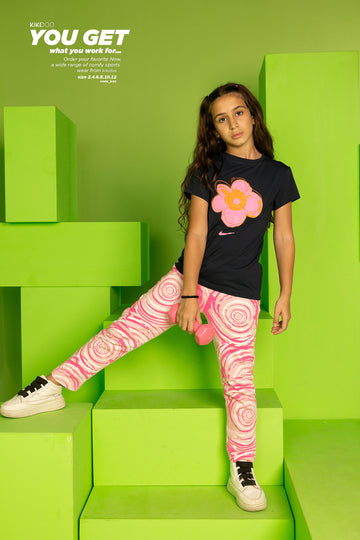 Girls’ Floral Print Sports Set – Black Tee with Pink Flower & Marble Leggings
