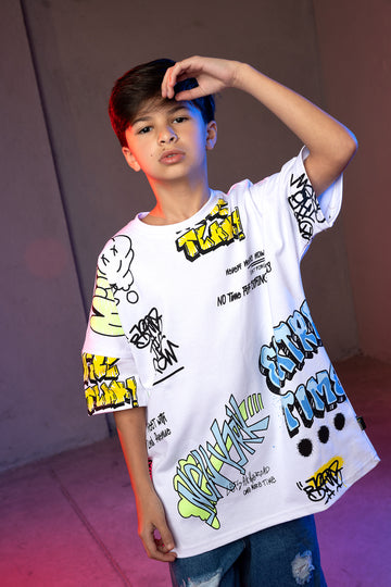 Boys' Graffiti Street Style T-Shirt - White Graphic Print