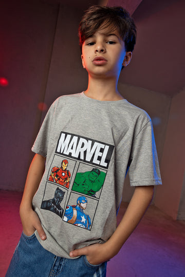 Boys' Marvel T-Shirt – Superheroes Grid Print (Iron Man, Hulk, Black Panther, Captain America)