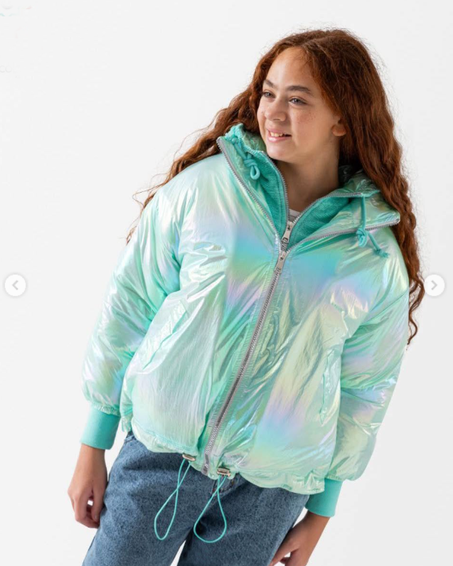 Girls Mint Glossy Holographic Jacket – Shiny Trend with Cozy Lining