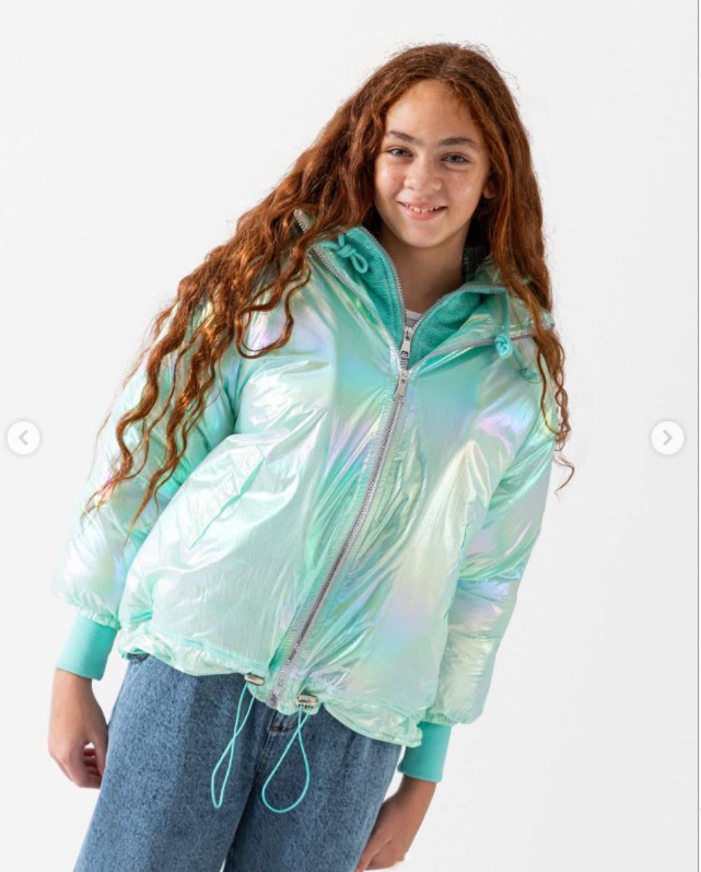 Girls Mint Glossy Holographic Jacket – Shiny Trend with Cozy Lining