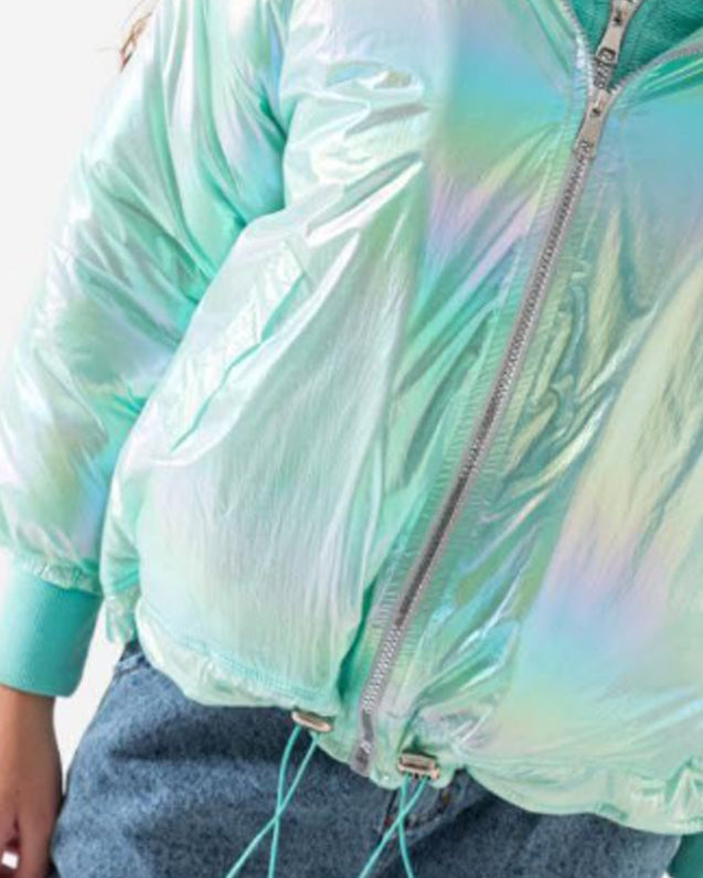 Girls Mint Glossy Holographic Jacket – Shiny Trend with Cozy Lining