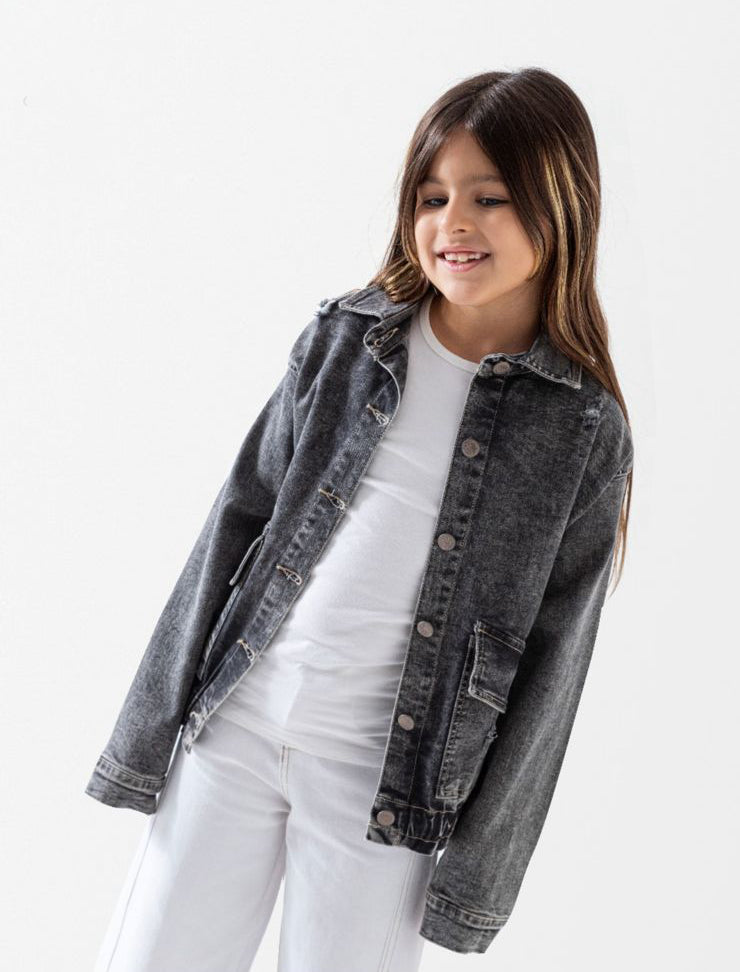 Girls Washed Grey Denim Jacket – Trendy Everyday Style