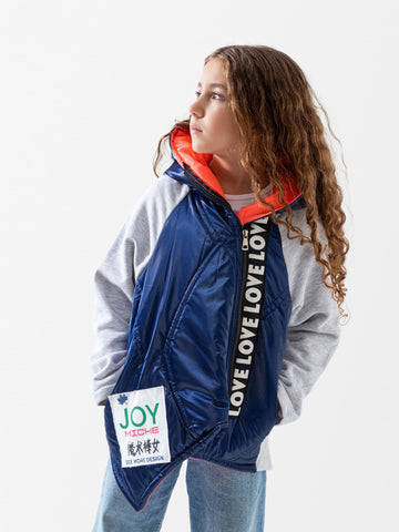 Girls Navy Blue Glossy Jacket – Trendy Street Style with Orange Lining