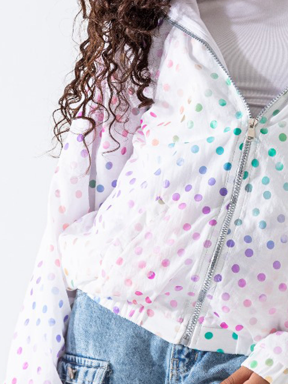 Autumn Rainbow Dotted Waterproof Jacket with Cotton Lining – Playful Shine for Trendy Girls