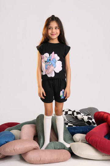Girls Black Stitch Summer Set – Cute Cartoon Top & Shorts
