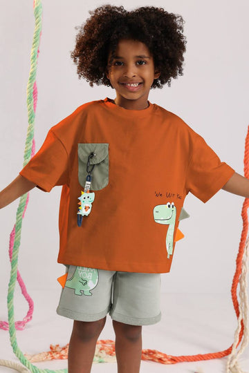 Boys Dino Adventure Summer Set – Rust Oversized Tee & Sage Shorts