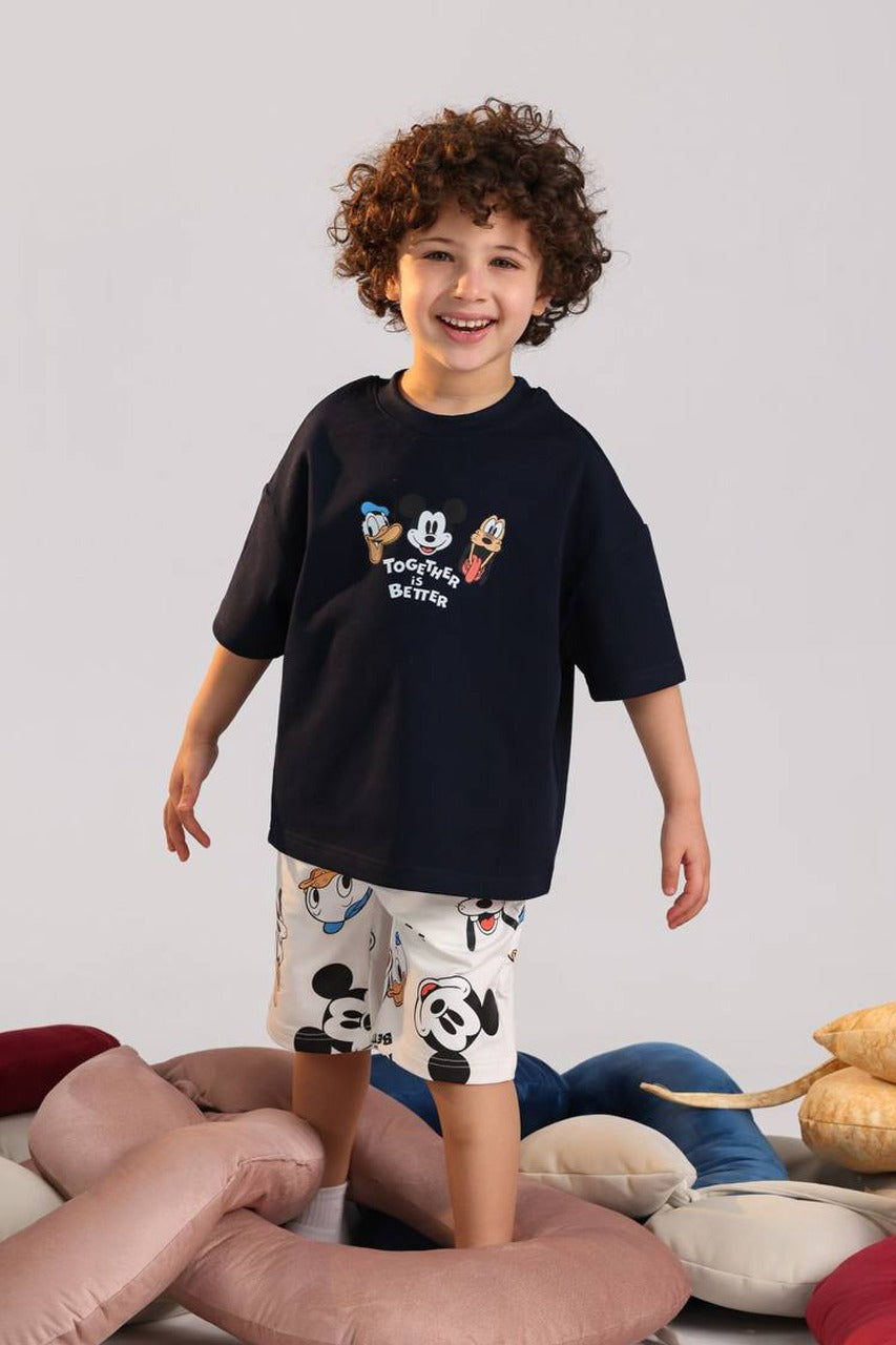 Disney Mickey & Friends Kids Summer Pajama Set – Navy Cotton T-Shirt & Printed Shorts
