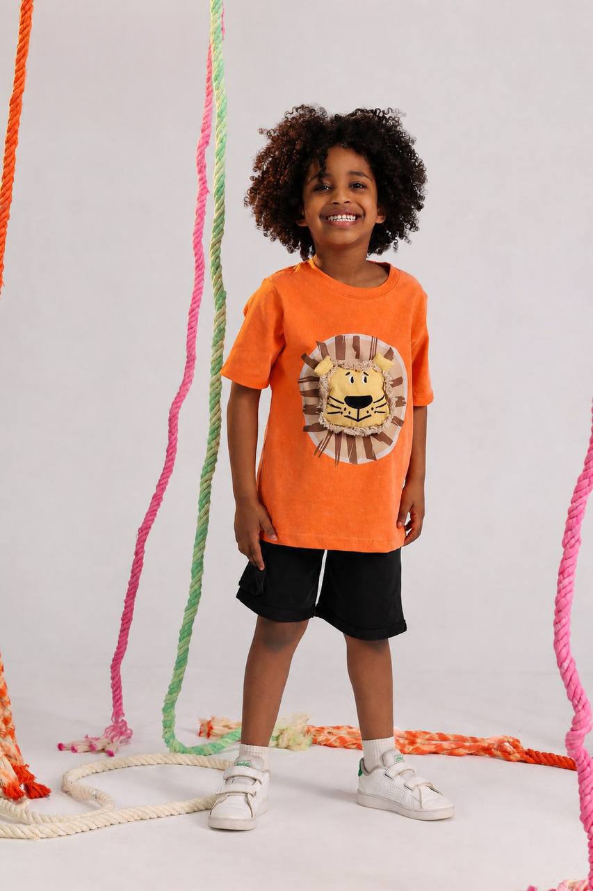 Kids Lion Graphic Summer Set – Orange T-Shirt & Black Shorts