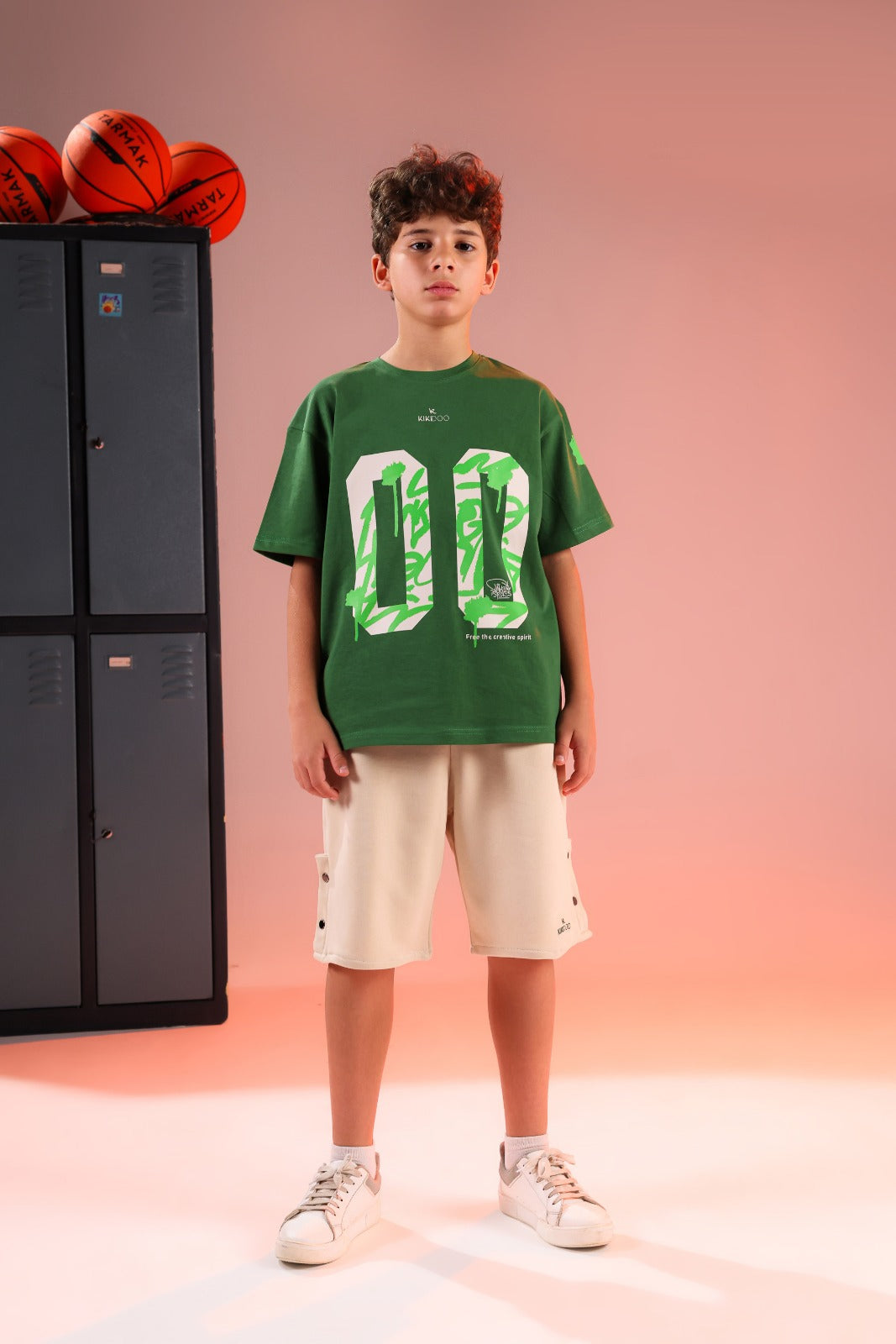 Kikidoo Boys' Oversized Green Graphic T-Shirt & Cream Cargo Shorts Summer Set