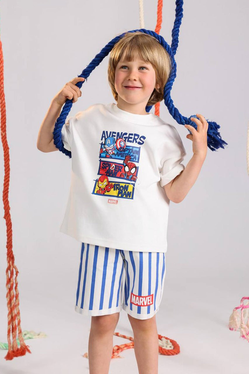 Marvel Avengers Kids Summer Set – White T-Shirt & Blue Striped Shorts
